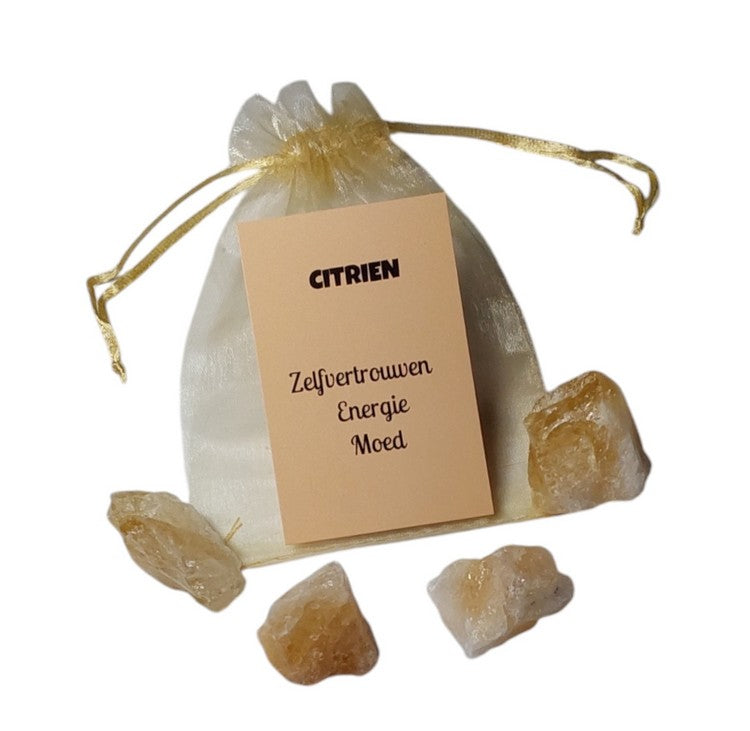 Ruwe Citrien steen in kadozakje met uitleg