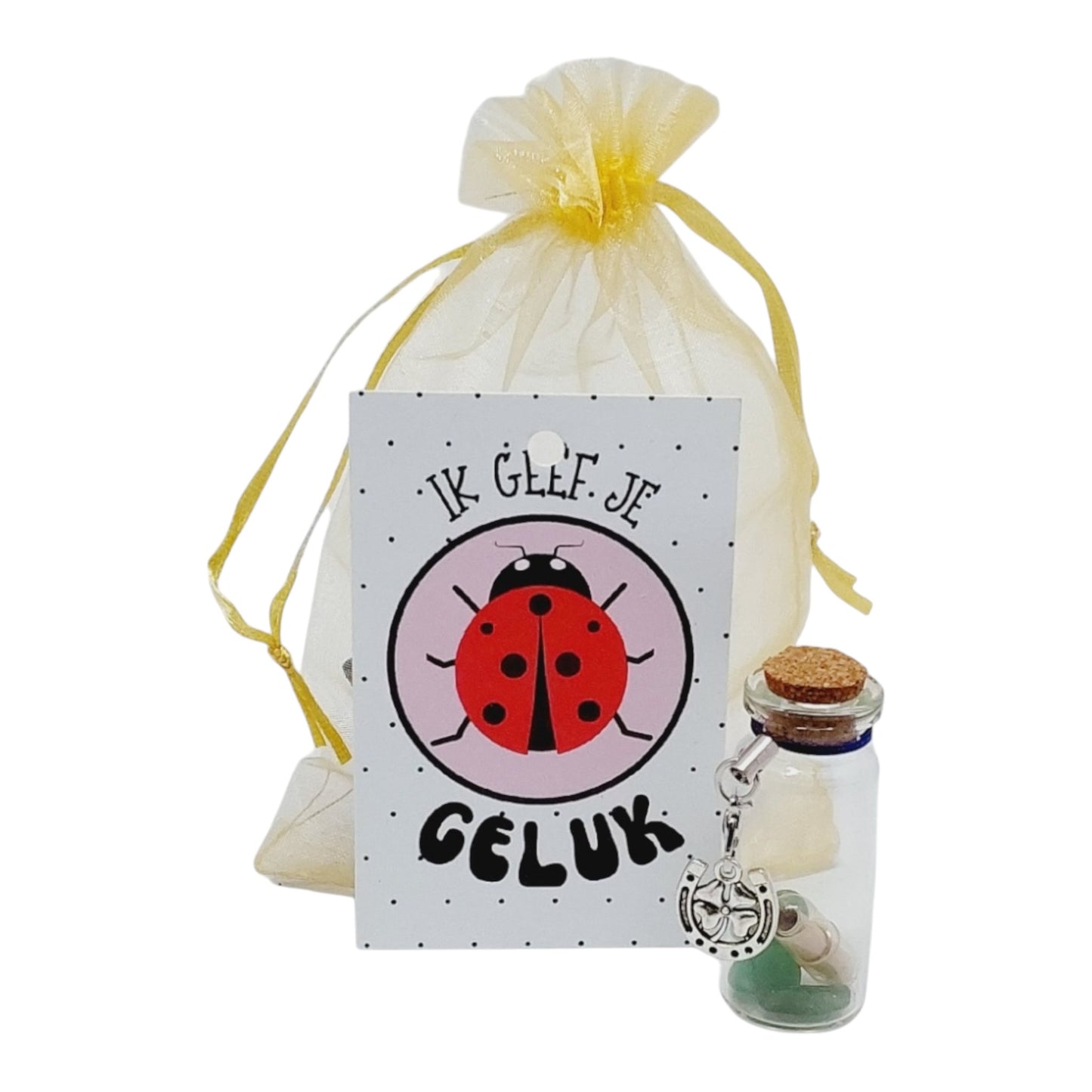 Geluksflesje ik geef je geluk met bedeltje en edelsteentjes