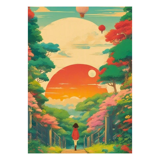Kaart met meisje en zon in studio Ghibli stijl
