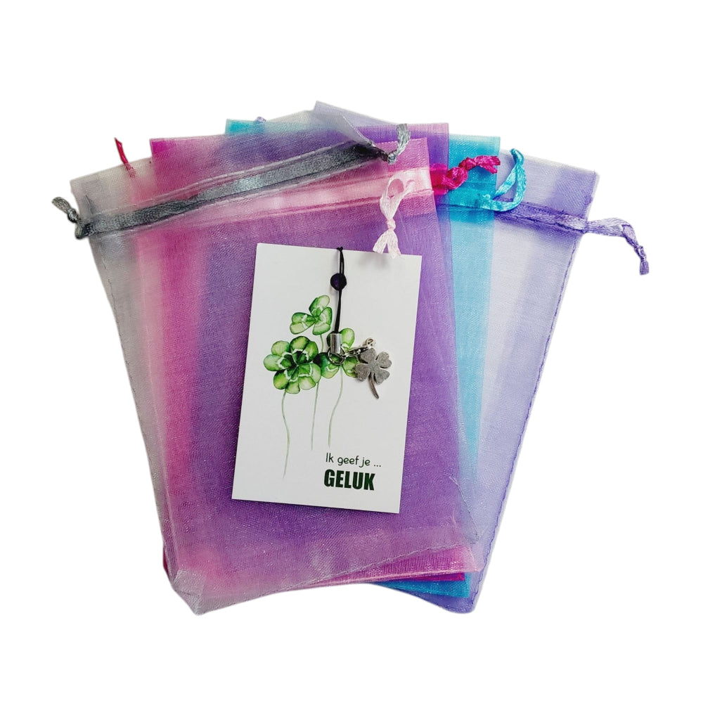 Zakje met kaartje ik geef je geluk met bedel klavertje