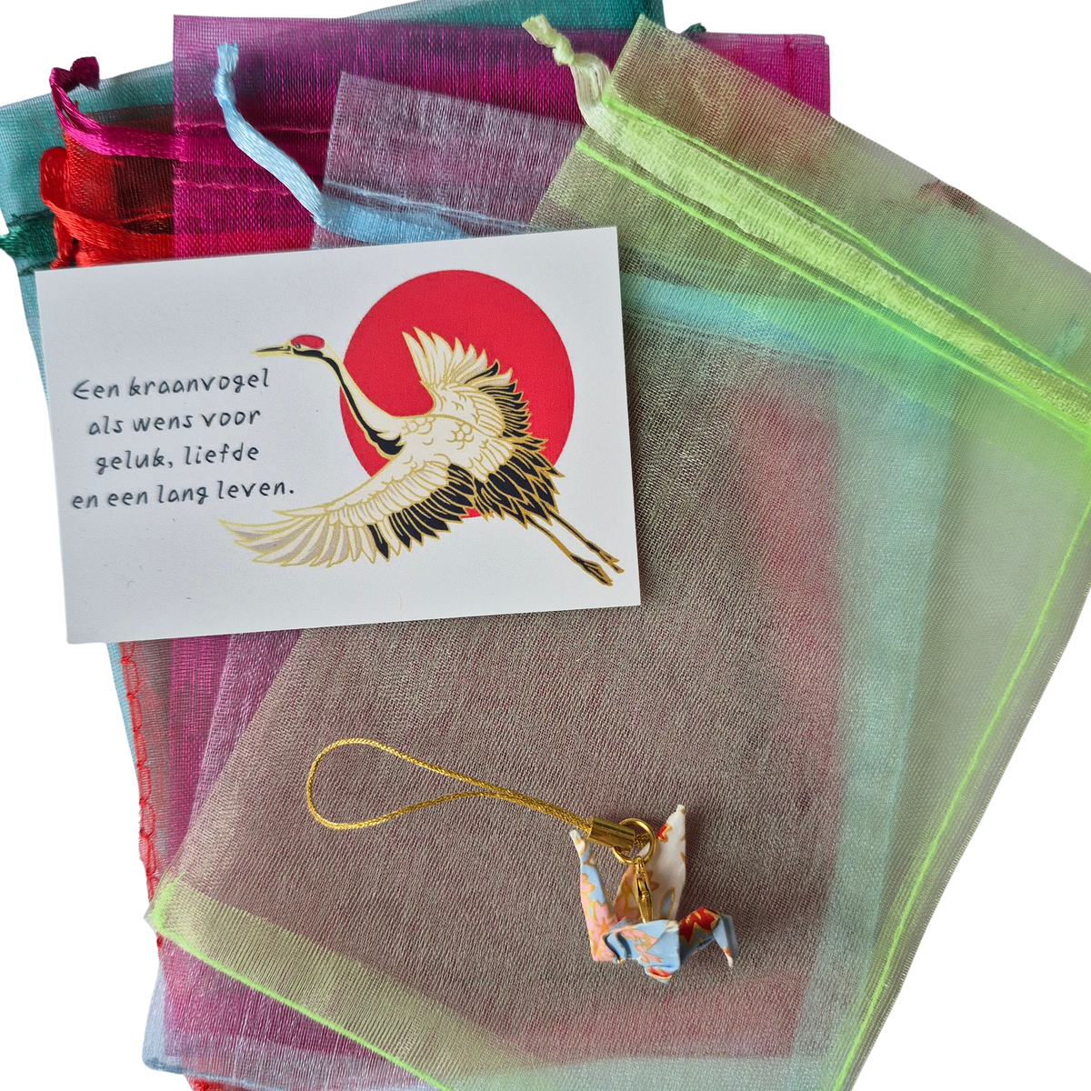 Kaartje met kraanvogeltje en organza zakje