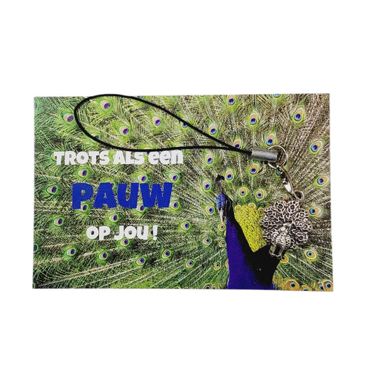 Kaartje Trots als een pauw op jou met pauwbedeltje