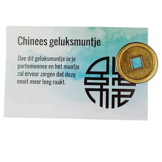 Kaartje met geluksmuntje in een een doorzichtig zakje