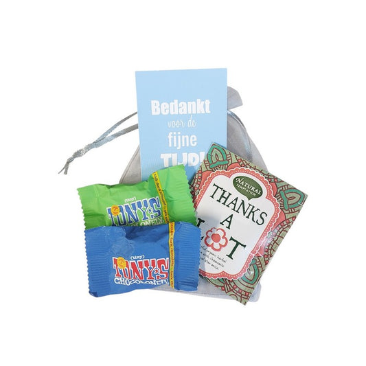 Bedankt zakje 'Bedankt voor de  fijne tijd' met thee en cholaatjes