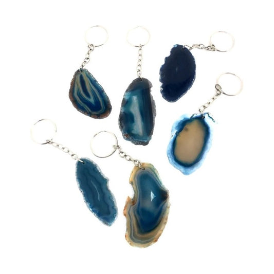 Sleutelhanger blauwe agaat schijf 5 tot 7 cm