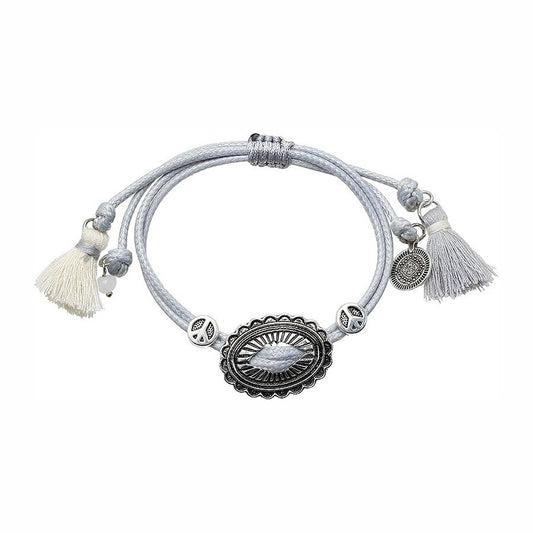 Grijze armband met kwastjes en peacetekens