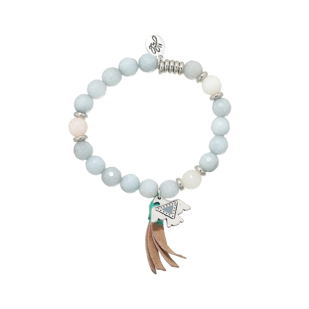 Armband lichtblauw wit met Aztec vogeltje en kwastje
