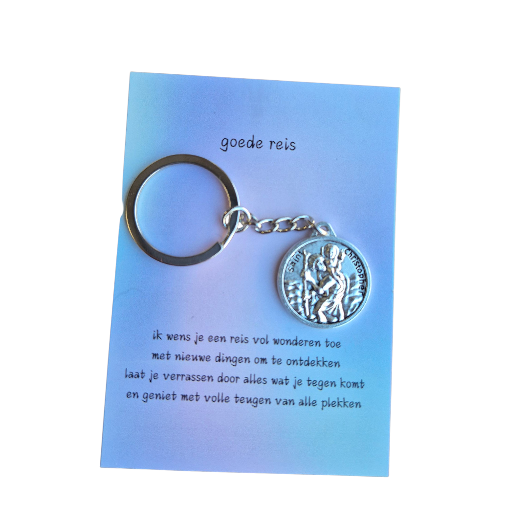 Kaartje goede reis met een christoffel sleutelhanger