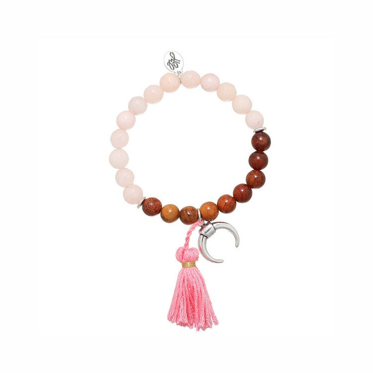 Roze houten armband met buffalo en roze kwastje