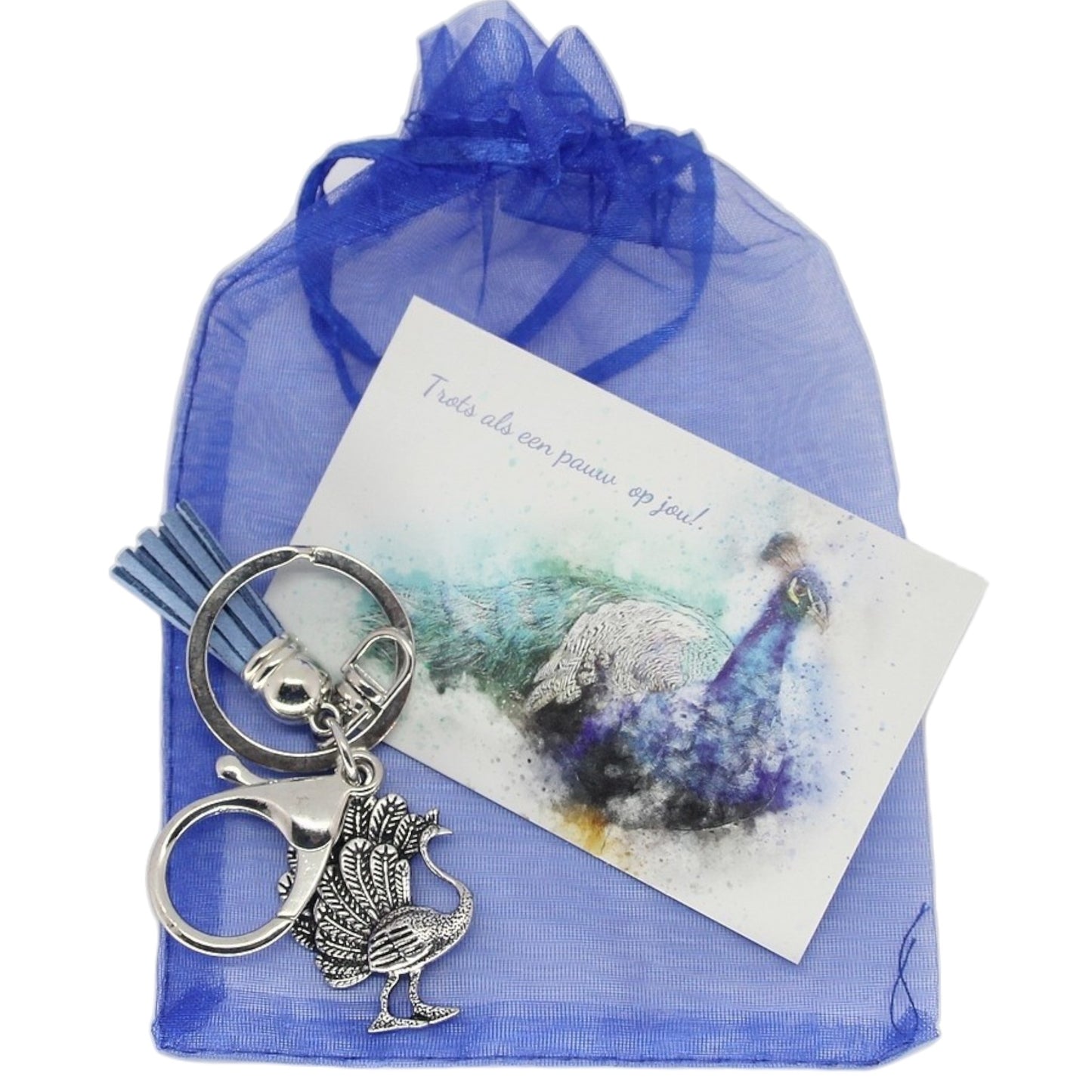 Sleutelhanger pauw met een kaartje en zakje