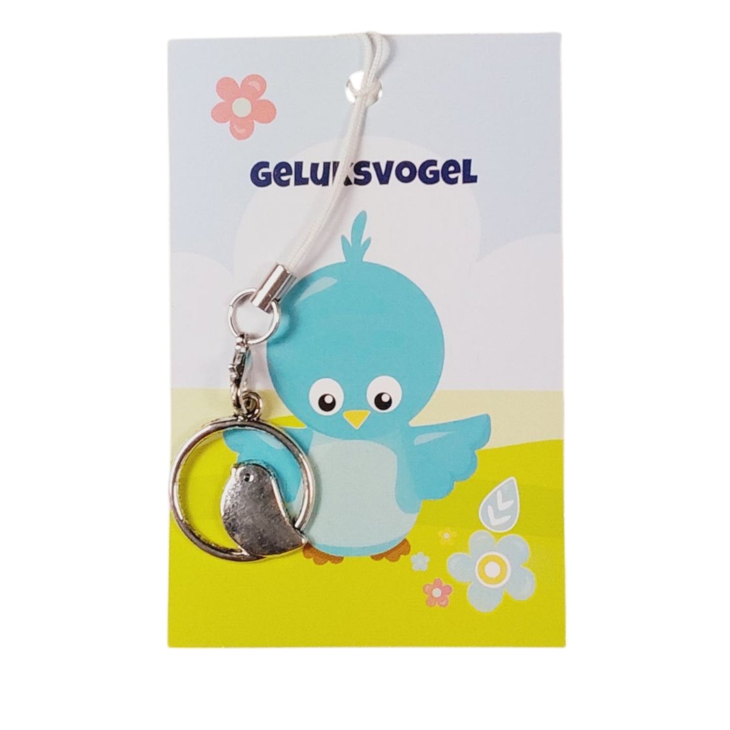 Kaartje geluksvogel met bedeltje vogeltje