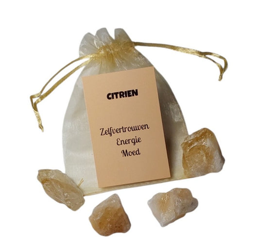 Ruwe Citrien steen in kadozakje met uitleg