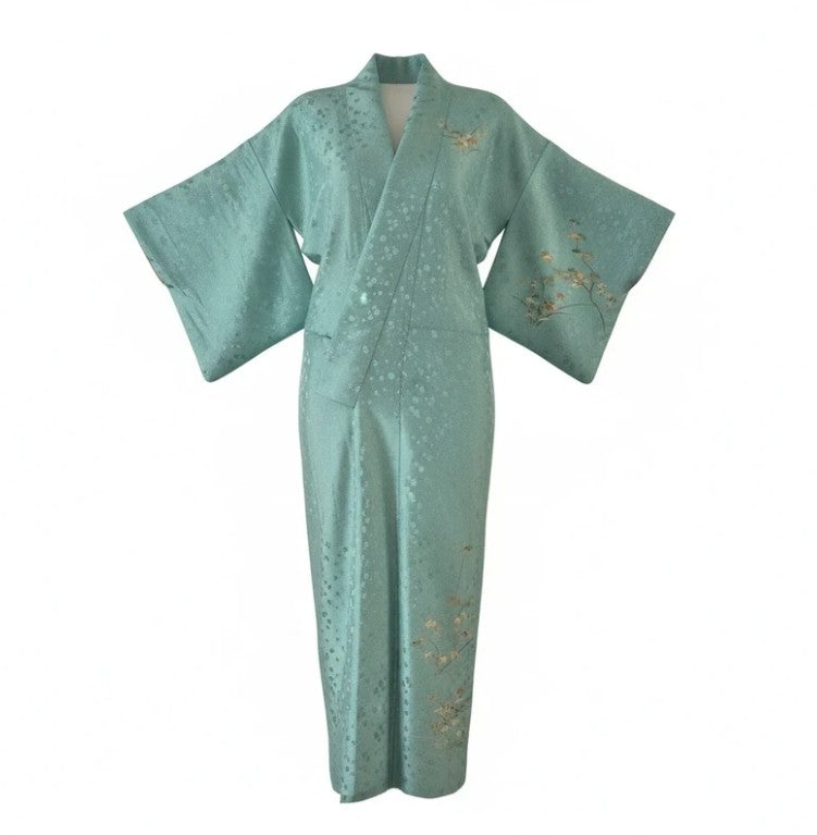 Groene zijde kimono met bloemenprint - lengte 1.65 meter