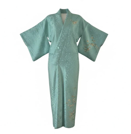 Groene zijde kimono met bloemenprint - lengte 1.65 meter