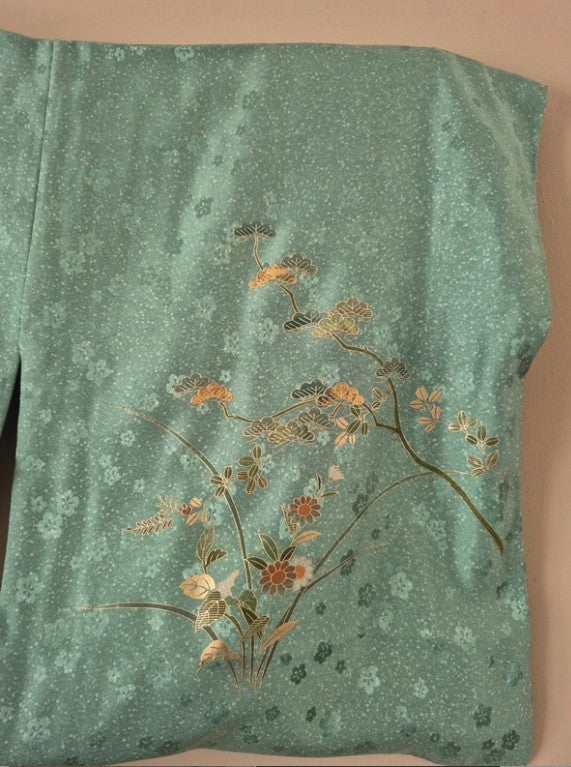 Groene zijde kimono met bloemenprint - lengte 1.65 meter