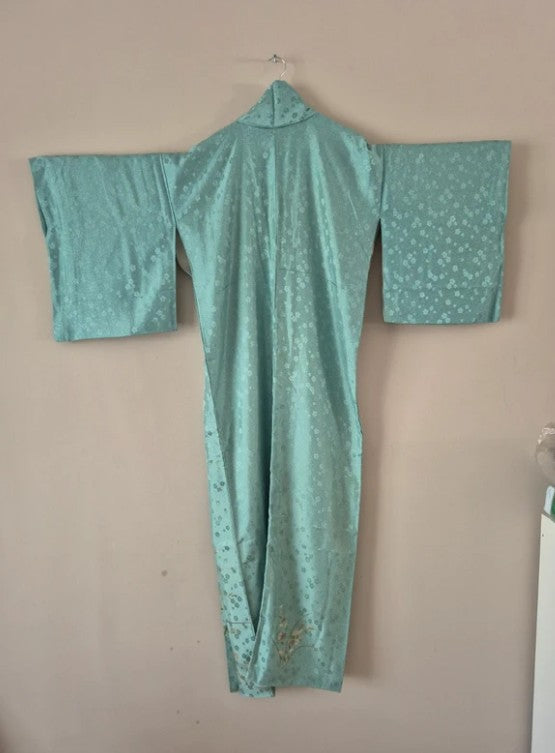 Groene zijde kimono met bloemenprint - lengte 1.65 meter