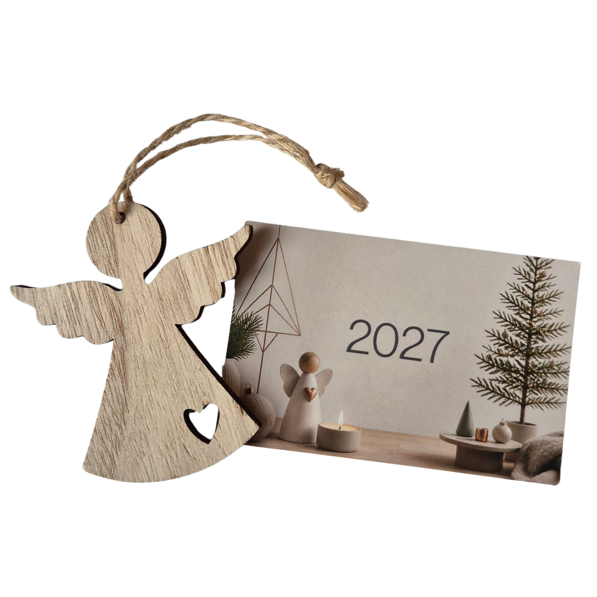 Kaartje 2027 met houten kerstengeltje