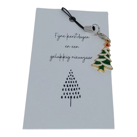 Kaartje Fijne feestdagen met een bedeltje van een groene kerstboom