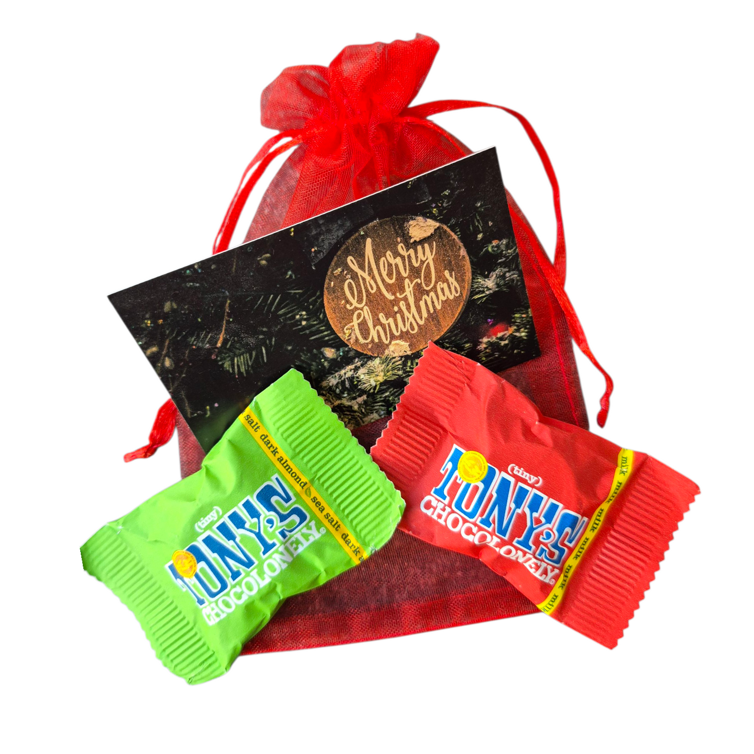 Kerst cadeautje Merry Christmas met 2 tony chocolonely chocolaatjes