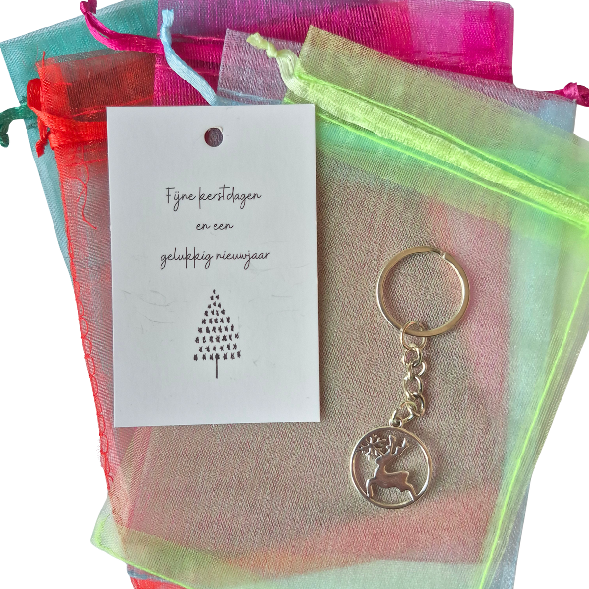 Kerstkaartje met sleutelhanger  rendier en organza zakje