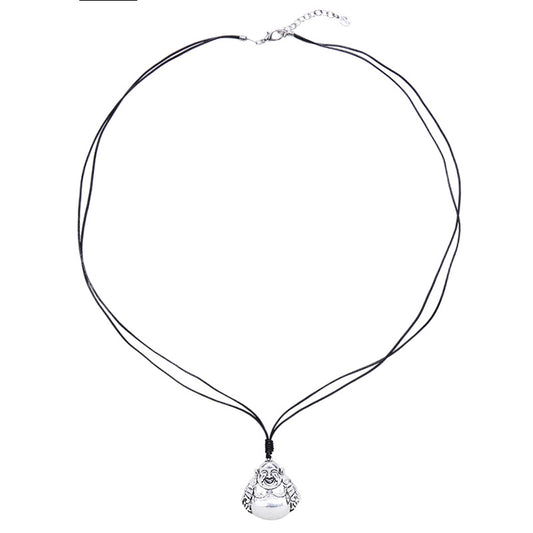 Zwarte ketting met grote zilverkleurige boeddhabedel
