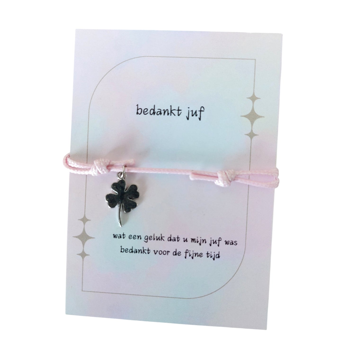 Cadeaukaartje 'bedankt juf' met geluksarmbandje en envelopje