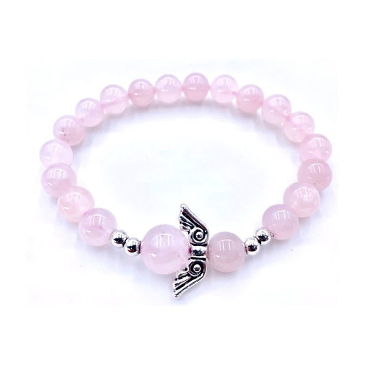 Rozenkwarts armbandje met engel bedeltje
