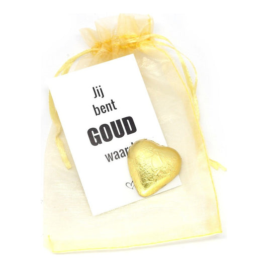 Kaartje je bent goud waard met gouden hart chocolaatje