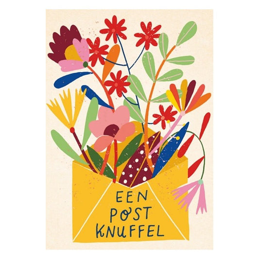 Kaart een Postknuffel met mooie bloemen