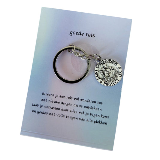 Kaartje goede reis met een christoffel sleutelhanger