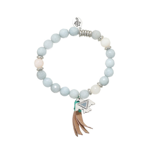Armband lichtblauw wit met Aztec vogeltje en kwastje