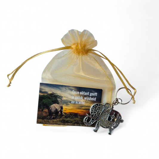 Sleutelhanger olifant met kaartje en organza zakje
