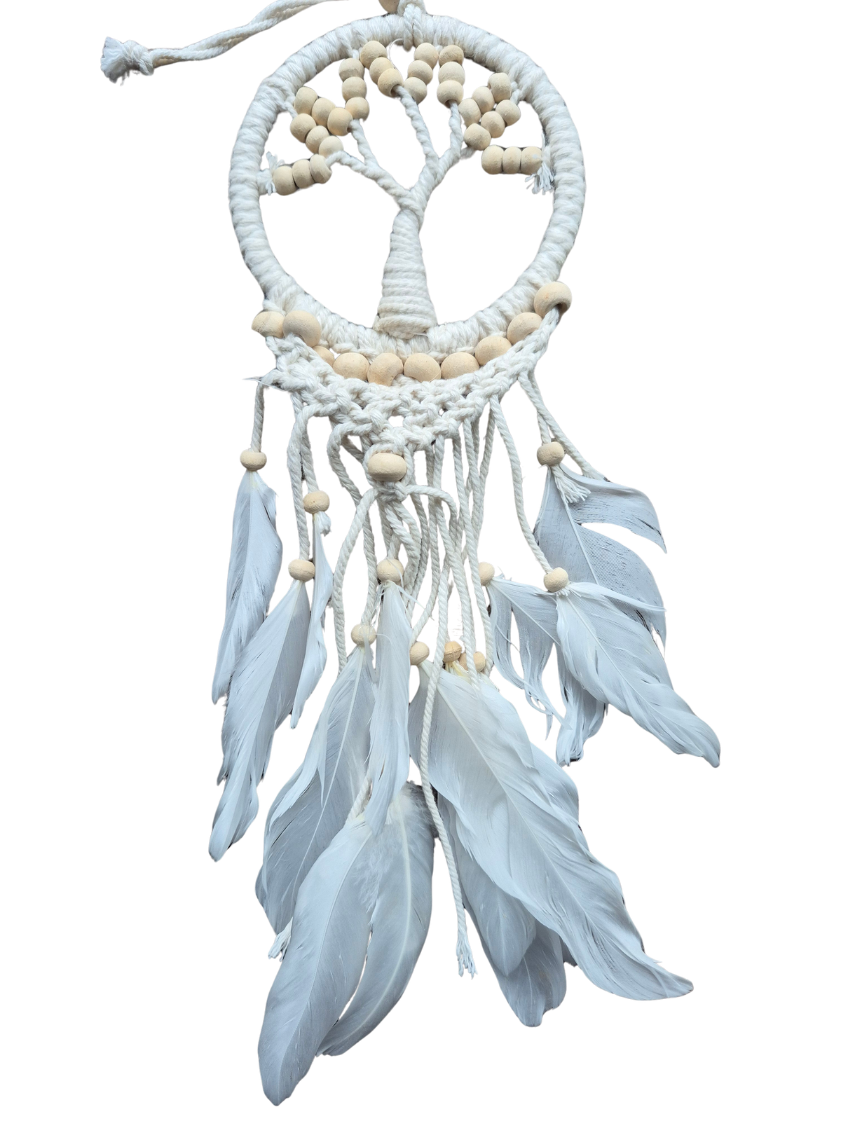 Witte Dromenvanger met Kralen & Veren (30 cm) – Met levensboom