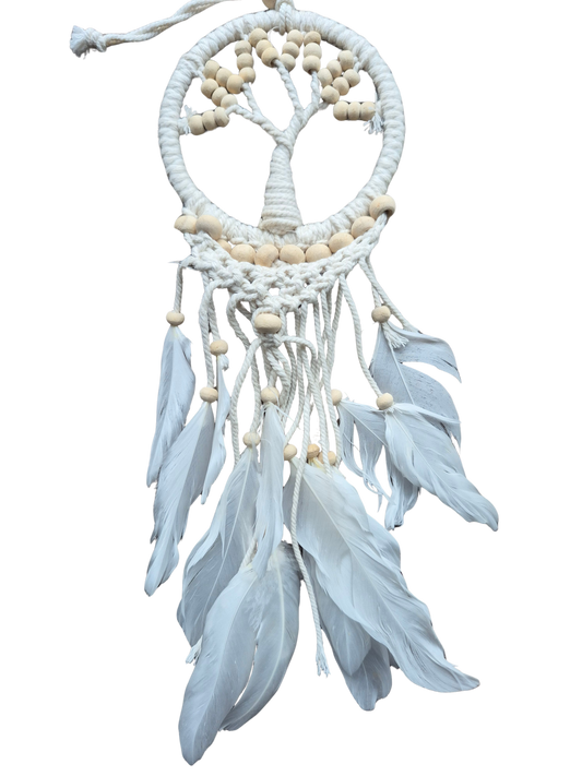 Witte Dromenvanger met Kralen & Veren (30 cm) – Met levensboom