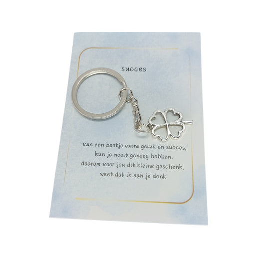 Succes wensen met dit kaartje met klavertje vier sleutelhanger