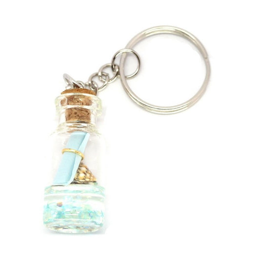 Sleutelhanger met wensflesje in blauwe kleur